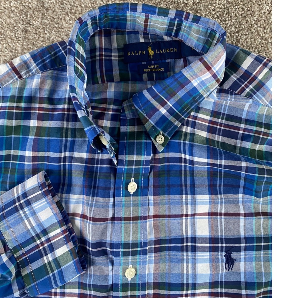 Polo Ralph Lauren Performance Slim Fit Blue Plaid Check Button Down Shirt Mens M